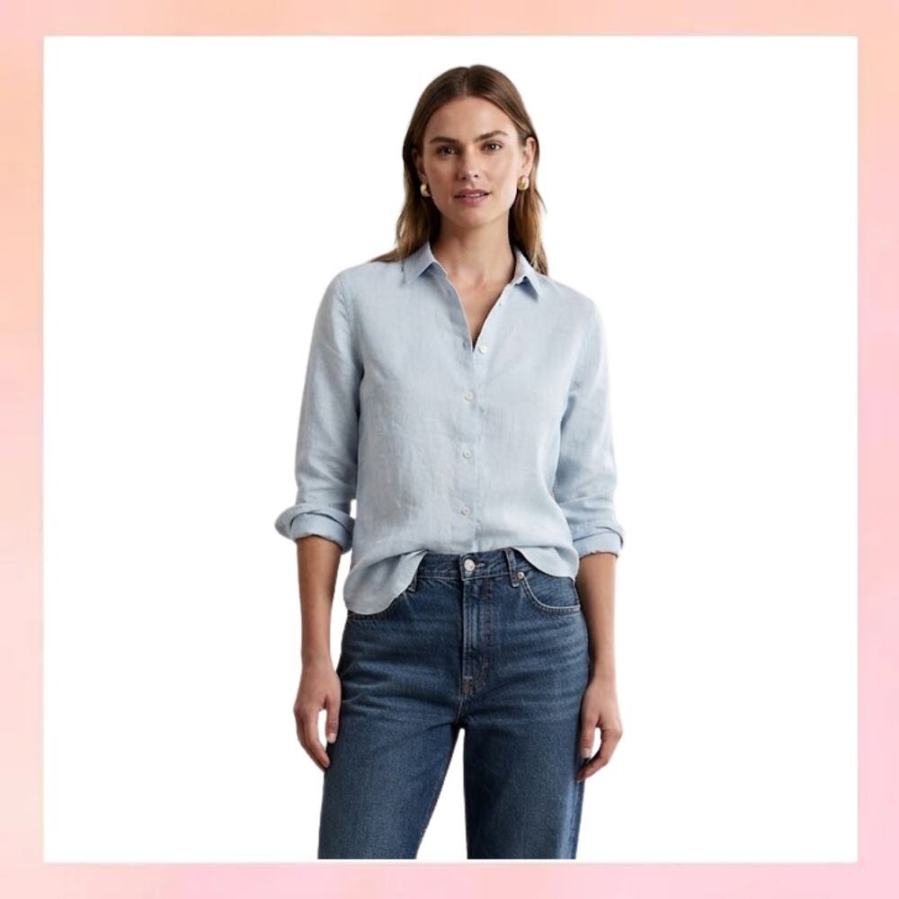 Uniqlo Light Blue 100% Premium Linen Long Sleeve Button-Down Shirt Size XS